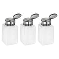 Set of 3 white alcohol solvent dispensers with silver push-down caps, 180ml bottles.