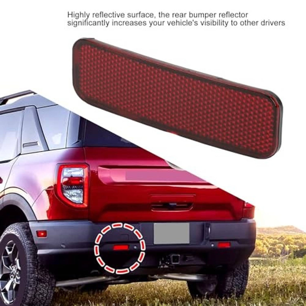Red rear bumper reflector with textured lens and dark trim, highlighted in diagonal view