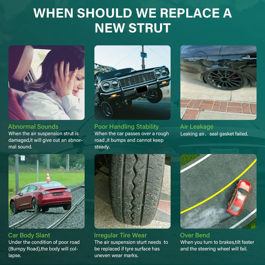 Air suspension strut replacement infographic showing vehicle failure examples