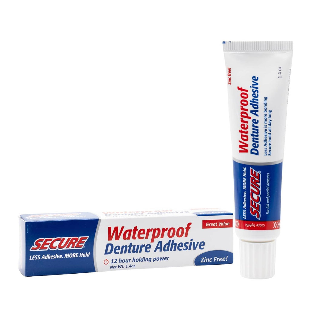 Waterproof zinc-free denture adhesive tube with Secure branding, 1.4 oz