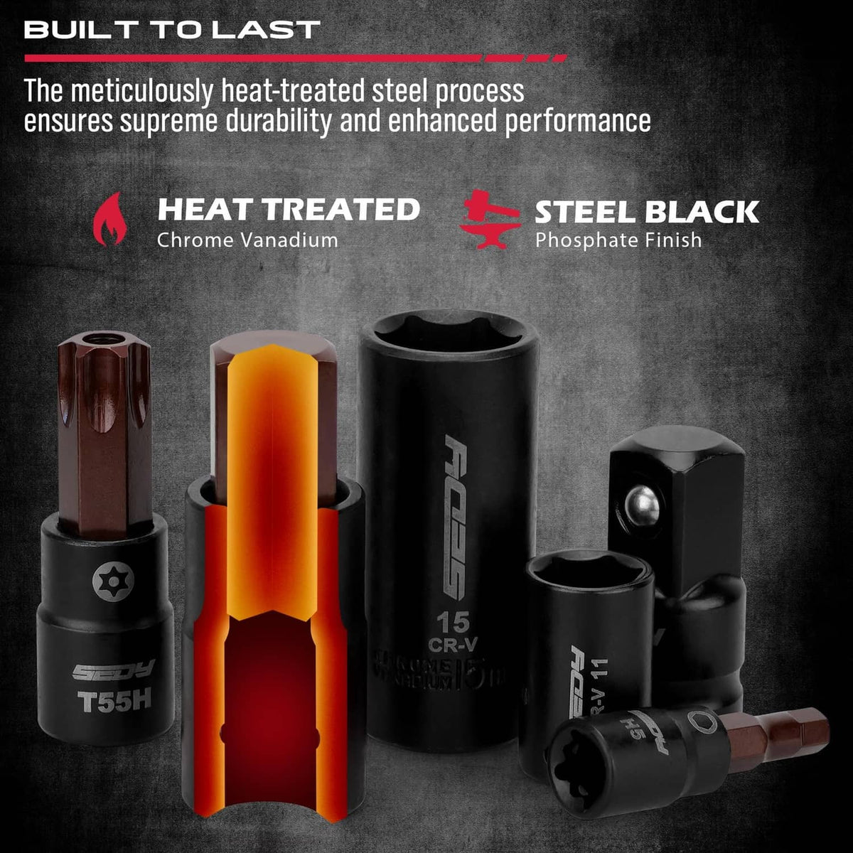 Impact sockets and torx bit shank in dark and brown finishes on a tool set