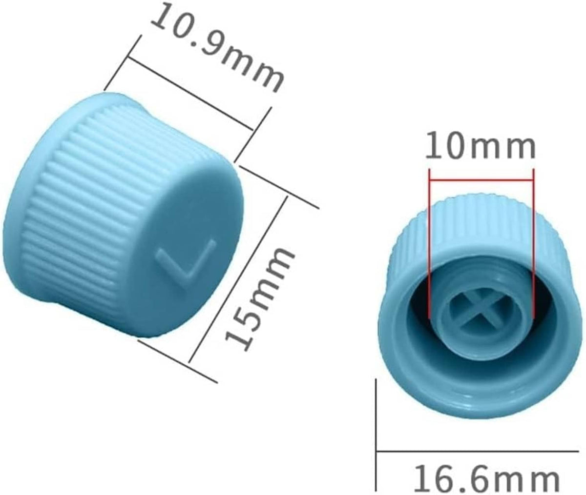 Light blue A/C valve cap with ribbed sides; size shown 10mm and 16.6mm
