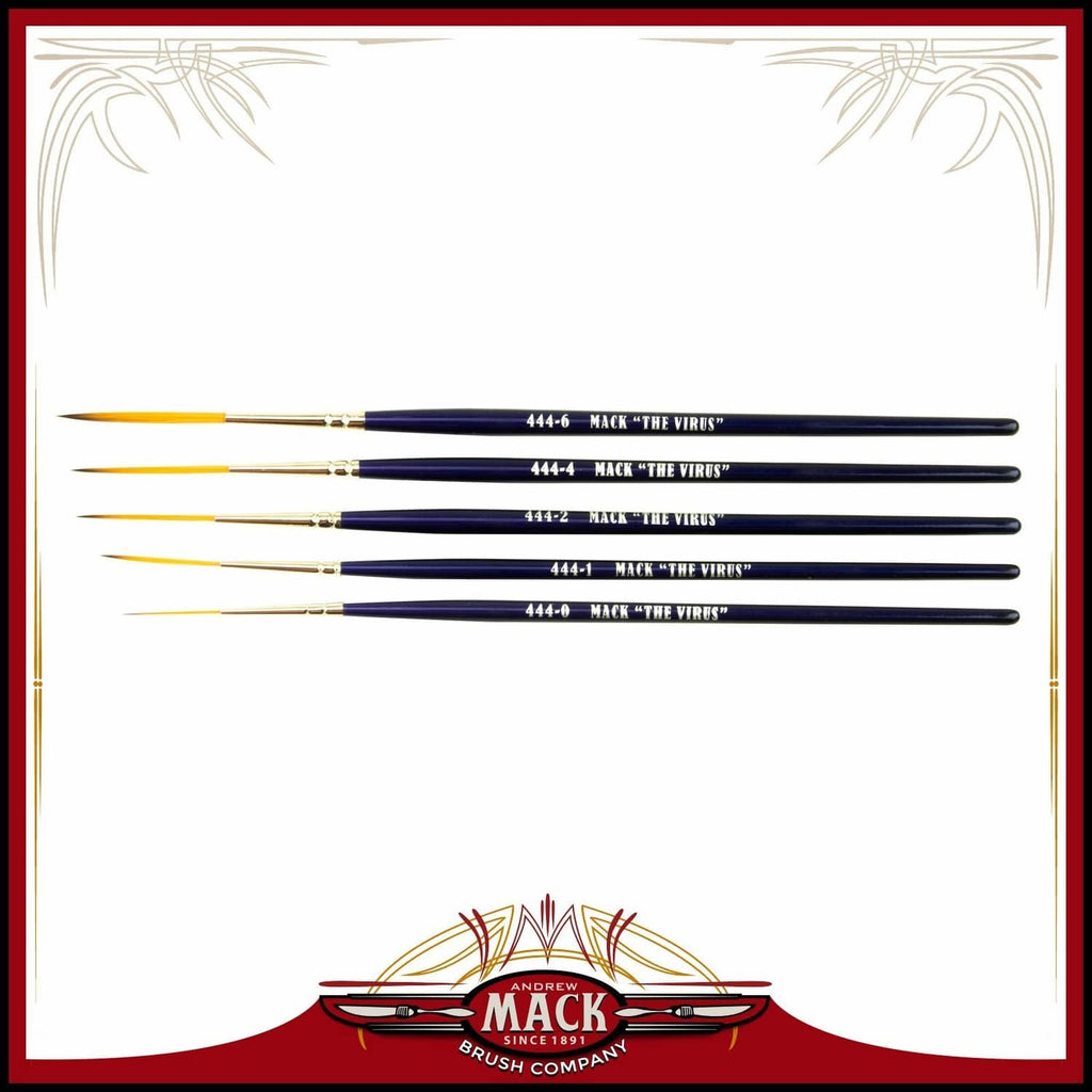 Set of 5 paintbrushes with navy handles and pointed bristles, printed names on shafts