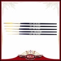 Set of 5 paintbrushes with navy handles and pointed bristles, printed names on shafts