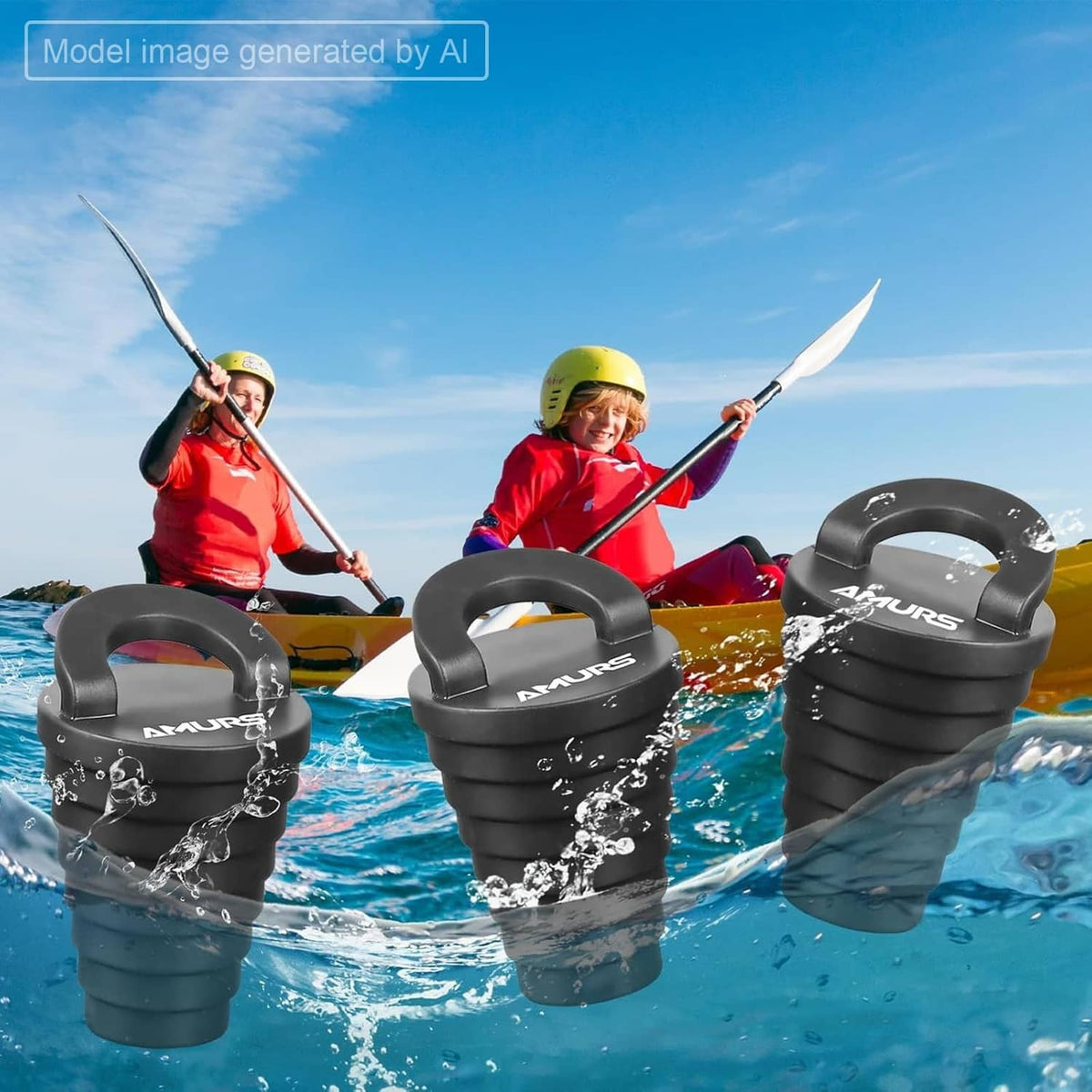 Black scupper plugs with handles in water, showing sealed drain holes