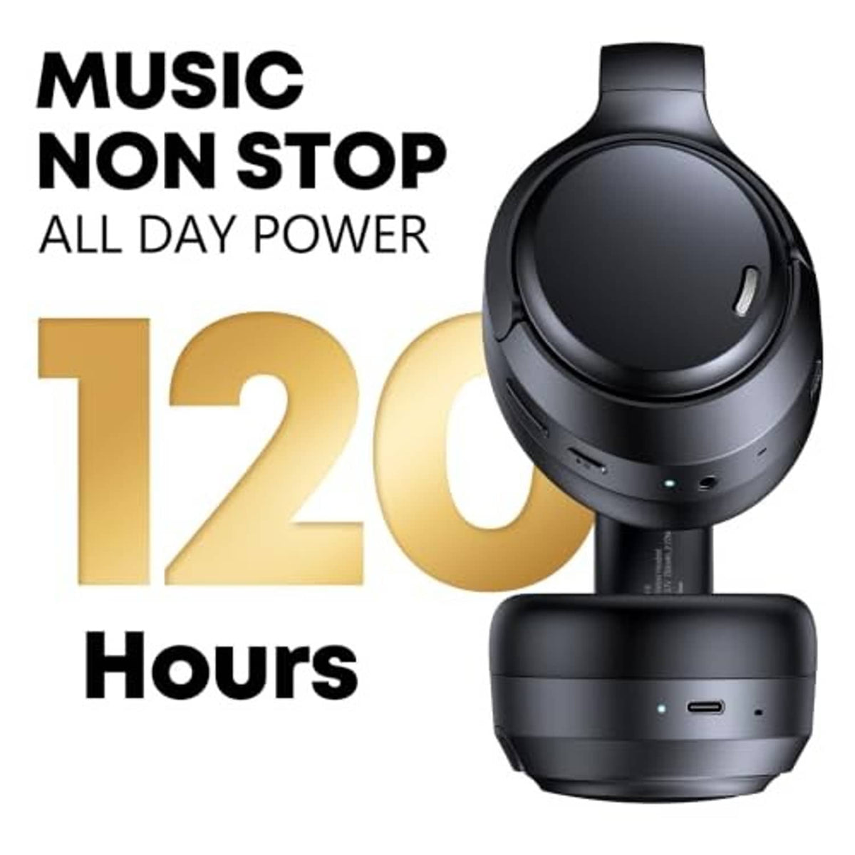 Black over-ear wireless headphones with padded ear cups and visible charging/port area