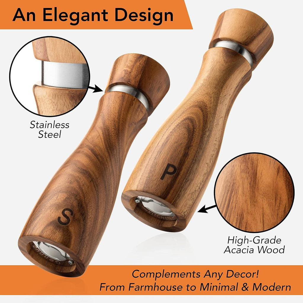 Wooden salt and pepper mills with metal collars and stainless steel grinding ends, acacia look