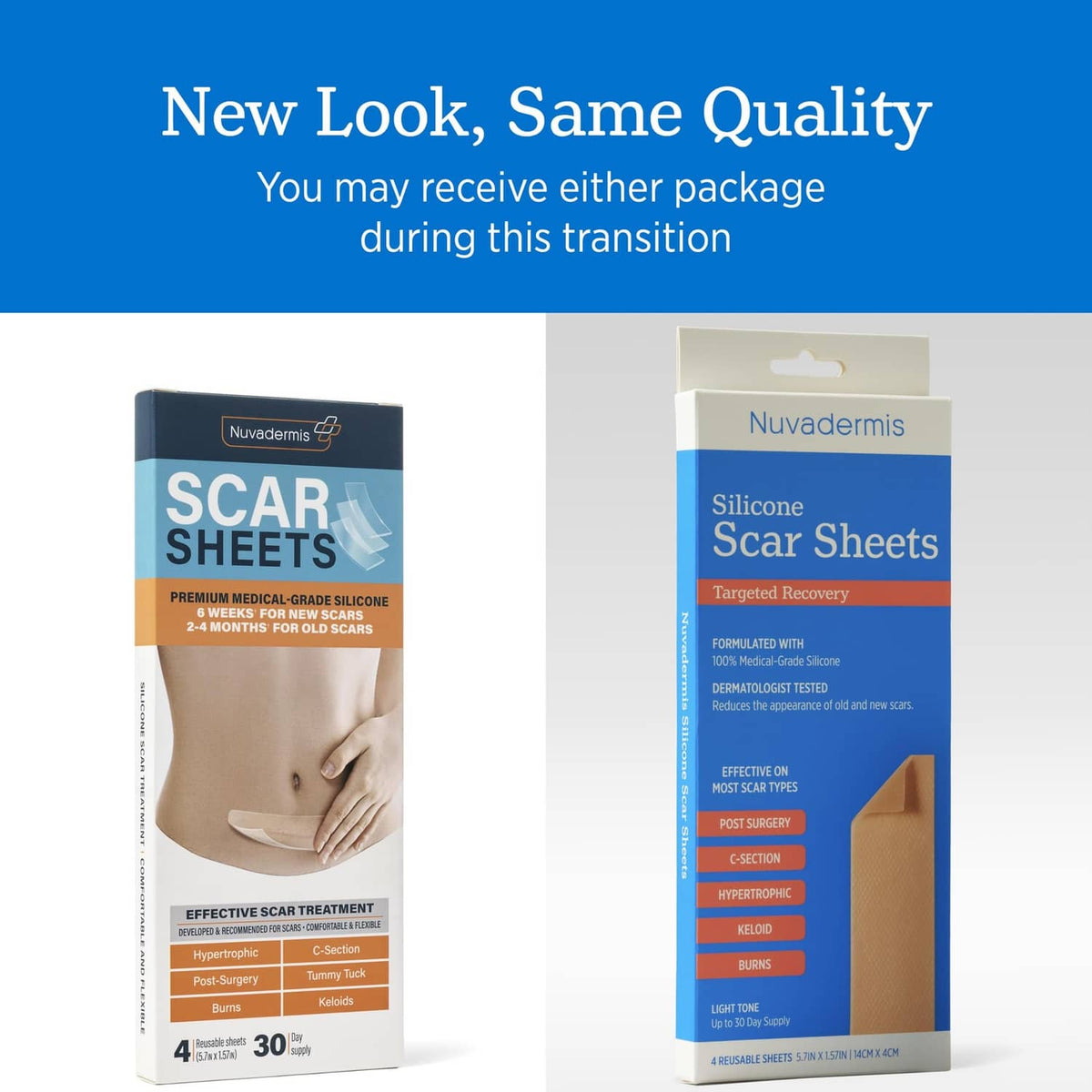 NUVADERMIS silicone scar sheets boxes in light beige, new look same quality