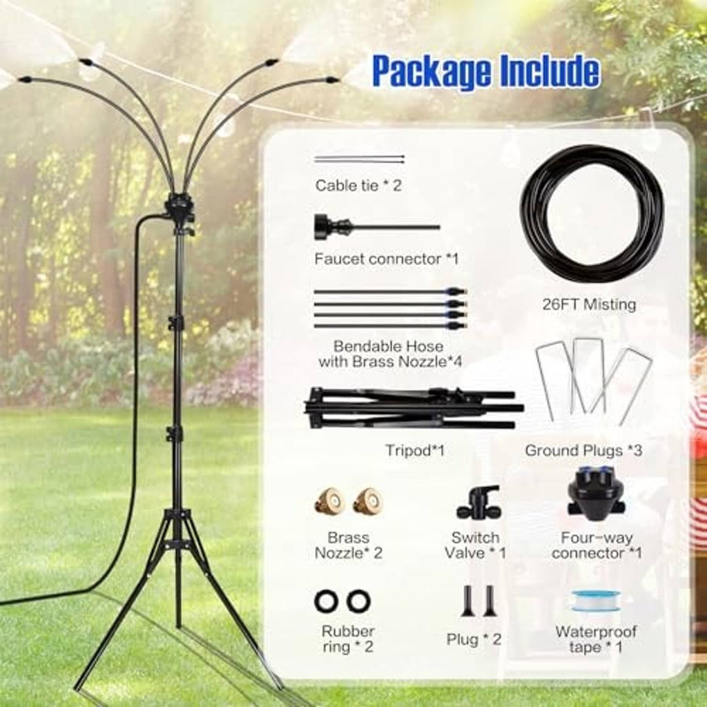 Misting system package with tripod, 26FT hose, brass nozzle, connectors, and ground plugs