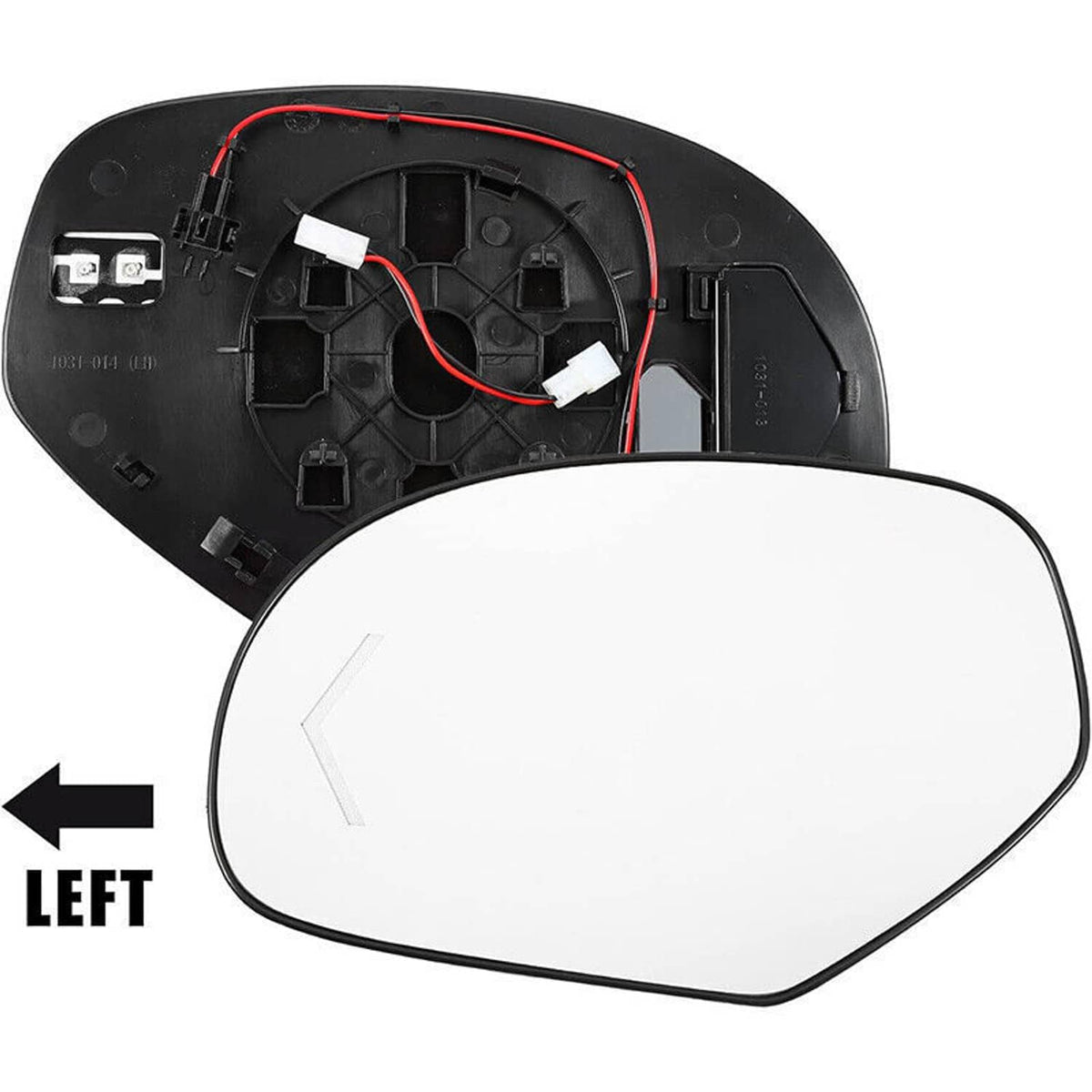 Heated side mirror glass with integrated turn-signal LED and wiring-backed housing (left)