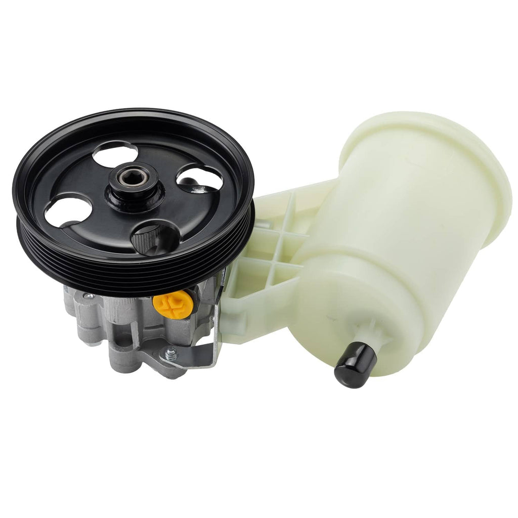 Power steering pump assembly with light-tan reservoir and black pulley wheel, gray housing