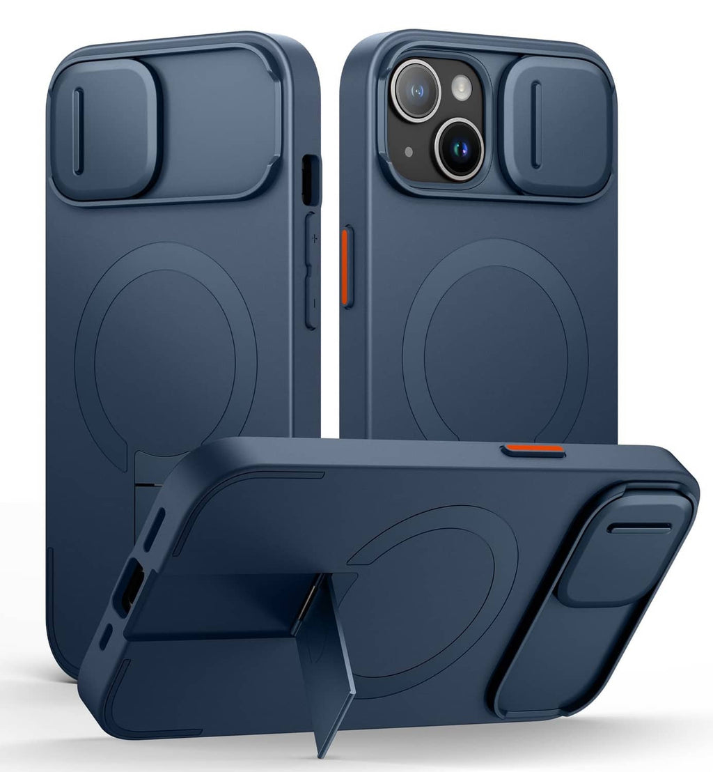 SURITCH iPhone 13/14 case, blue with magnetic camera cover and circular stand grip