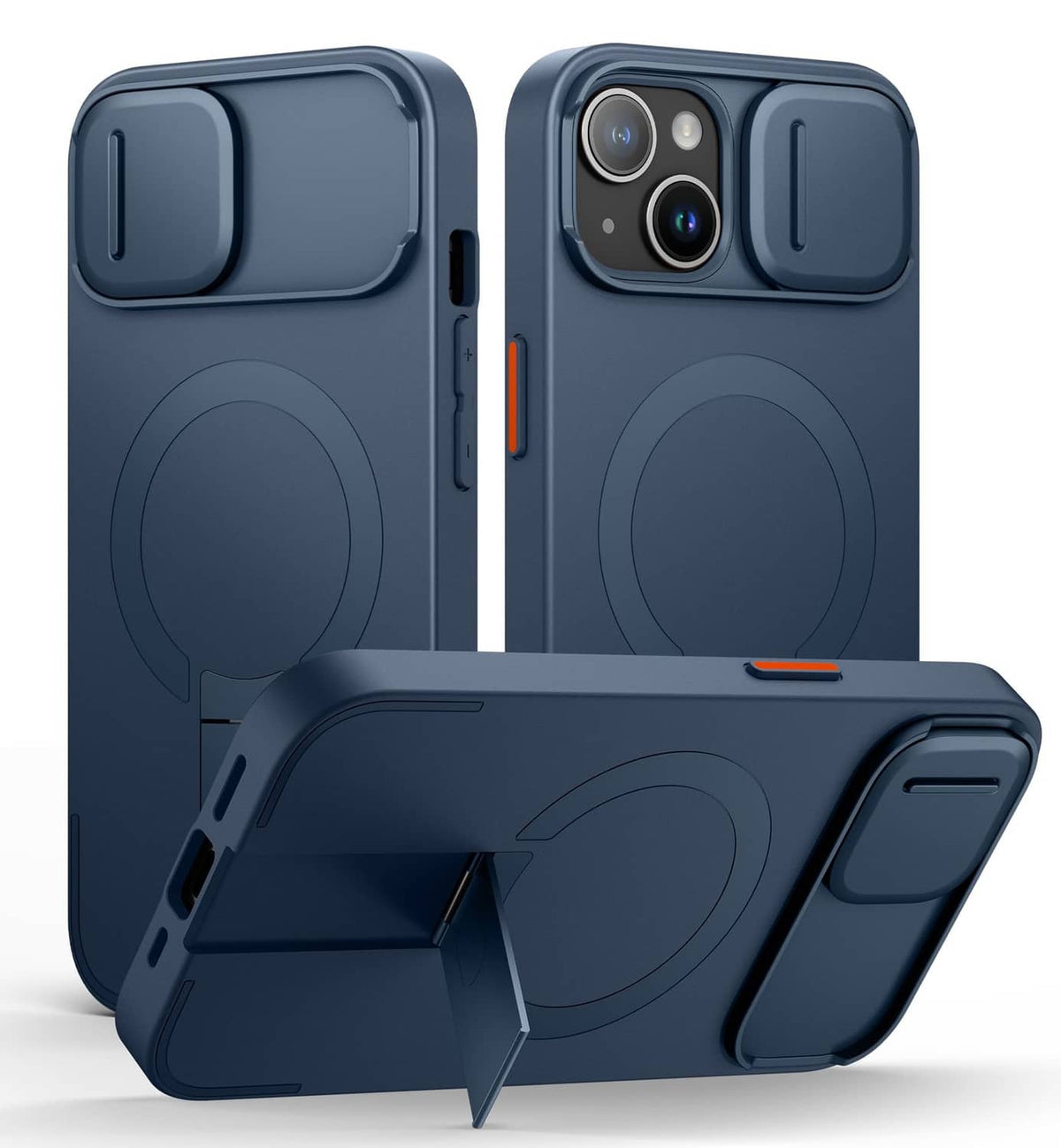 SURITCH iPhone 13/14 case, blue with magnetic camera cover and circular stand grip