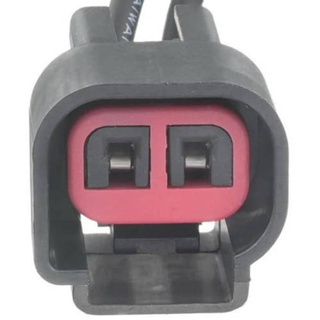 Engine sensor connector face with red insert and two square terminal slots in black housing