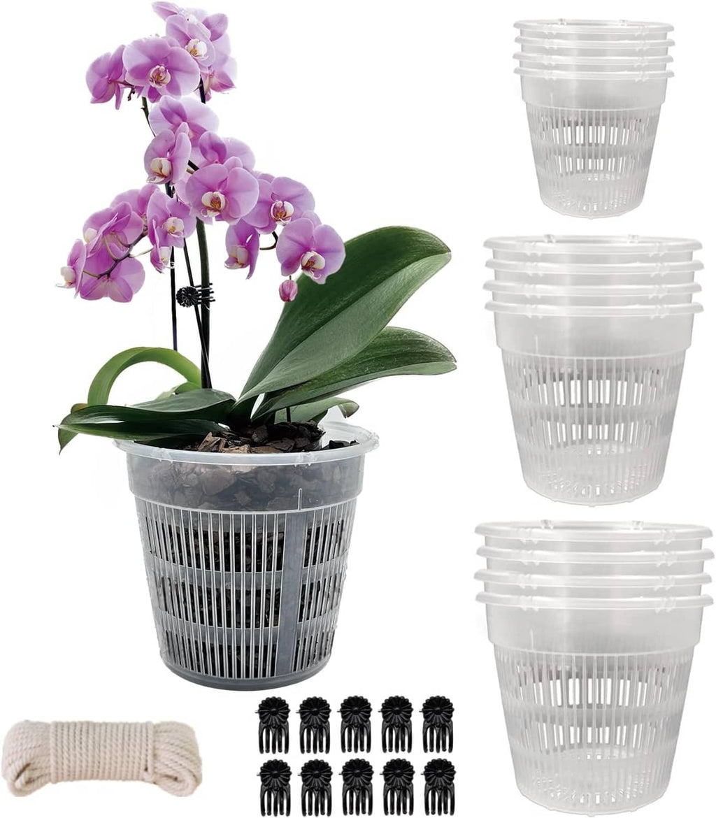 Translucent vented orchid pots with gray slotted sides, plus cotton rope and black clips