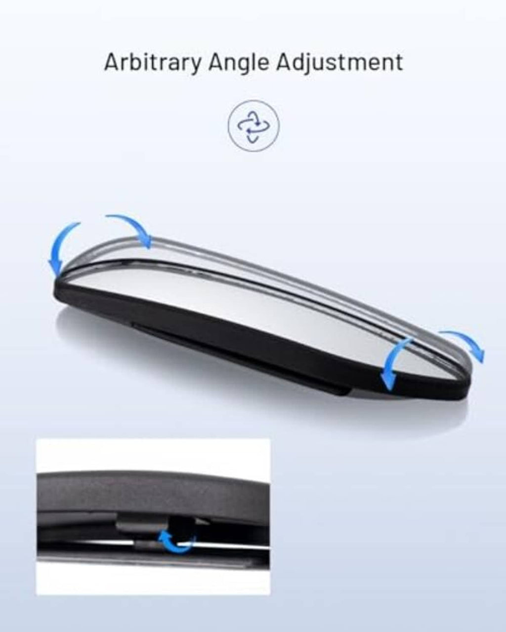 Black oval blind spot mirror with adjustable head angle indicated by curved arrows.