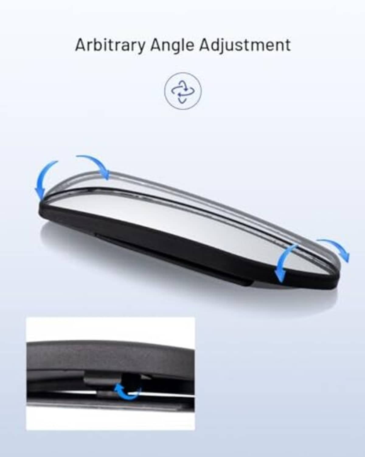 Black oval blind spot mirror with adjustable head angle indicated by curved arrows.