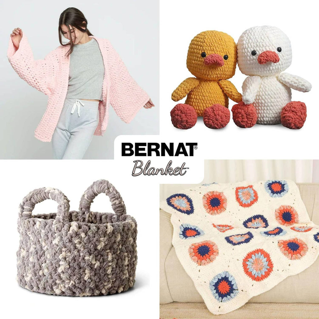 Bernat Blanket yarn and crochet items, including a cardigan, plush dolls, and a blanket