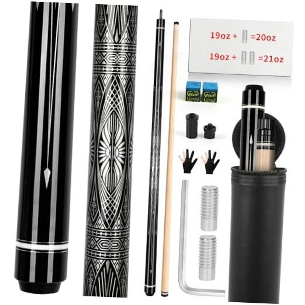 Black pool cue stick with decorative patterned wrap, plus included accessories and case
