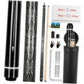 Black pool cue stick with decorative patterned wrap, plus included accessories and case