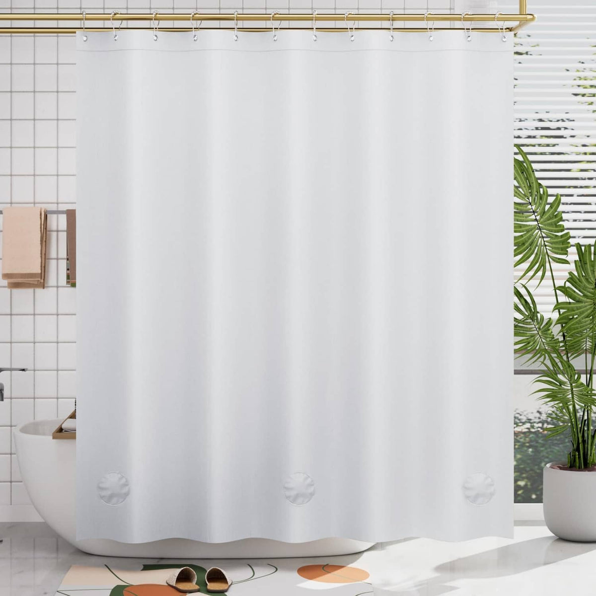 White shower curtain liner with smooth panels and top grommets, straight hanging edge
