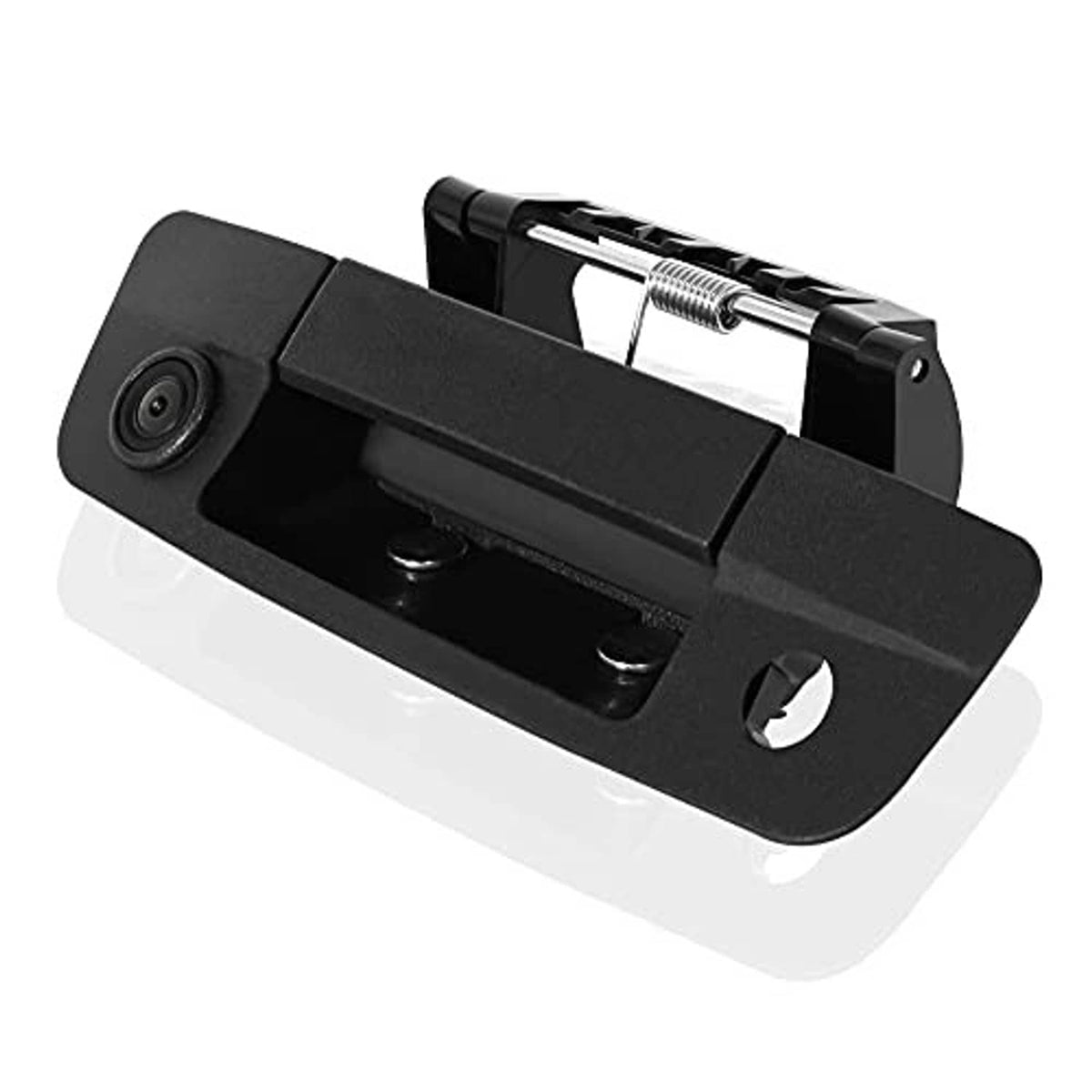 Black tailgate handle backup camera with square lens and metal inner housing