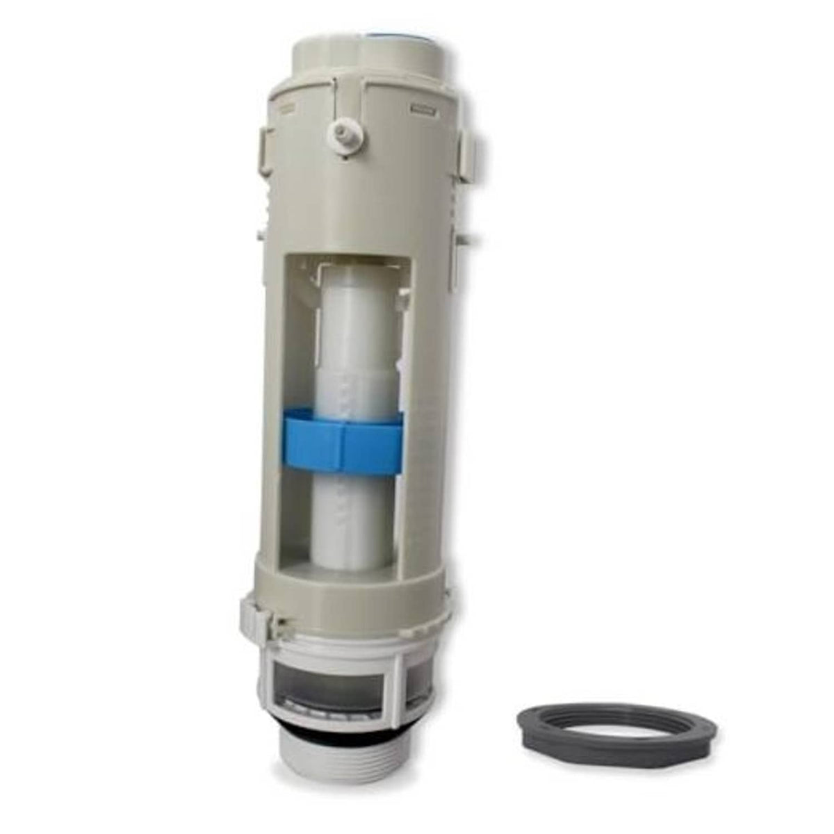 Toilet flush valve replacement part, white plastic cylinder with blue sealing band