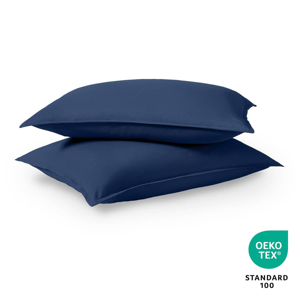 Dark blue microfiber pillow shams set of 2, stacked with envelope closures