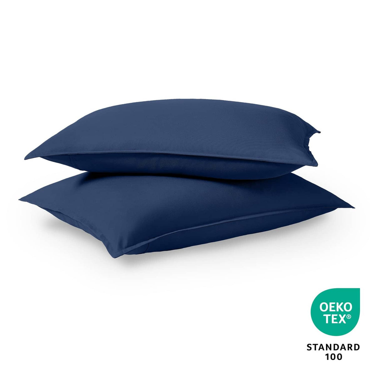 Dark blue microfiber pillow shams set of 2, stacked with envelope closures