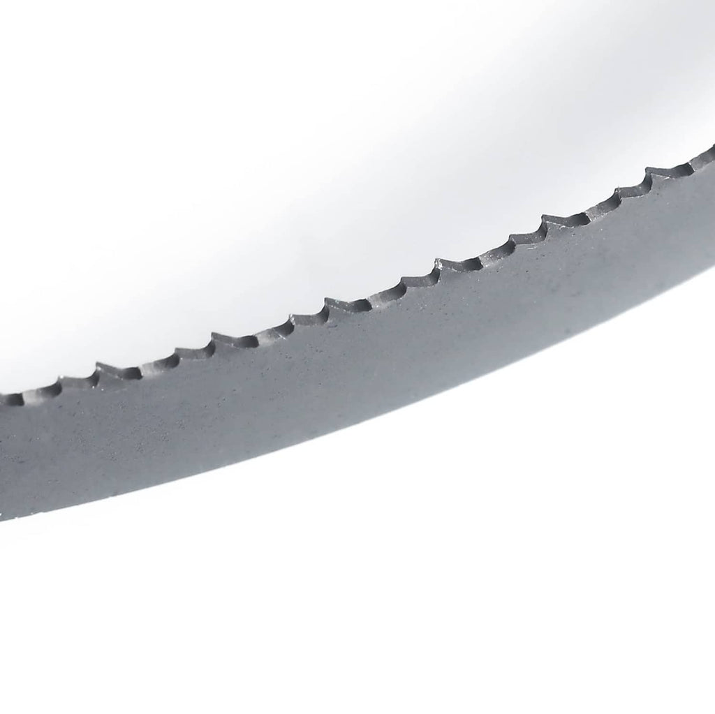 Side view close-up of bi-metal band saw blade teeth on silver blade