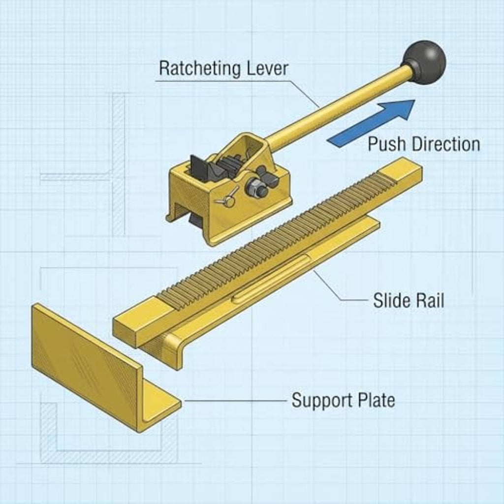 Ratcheting flooring jack diagram with slide rail, support plate, and push direction arrows