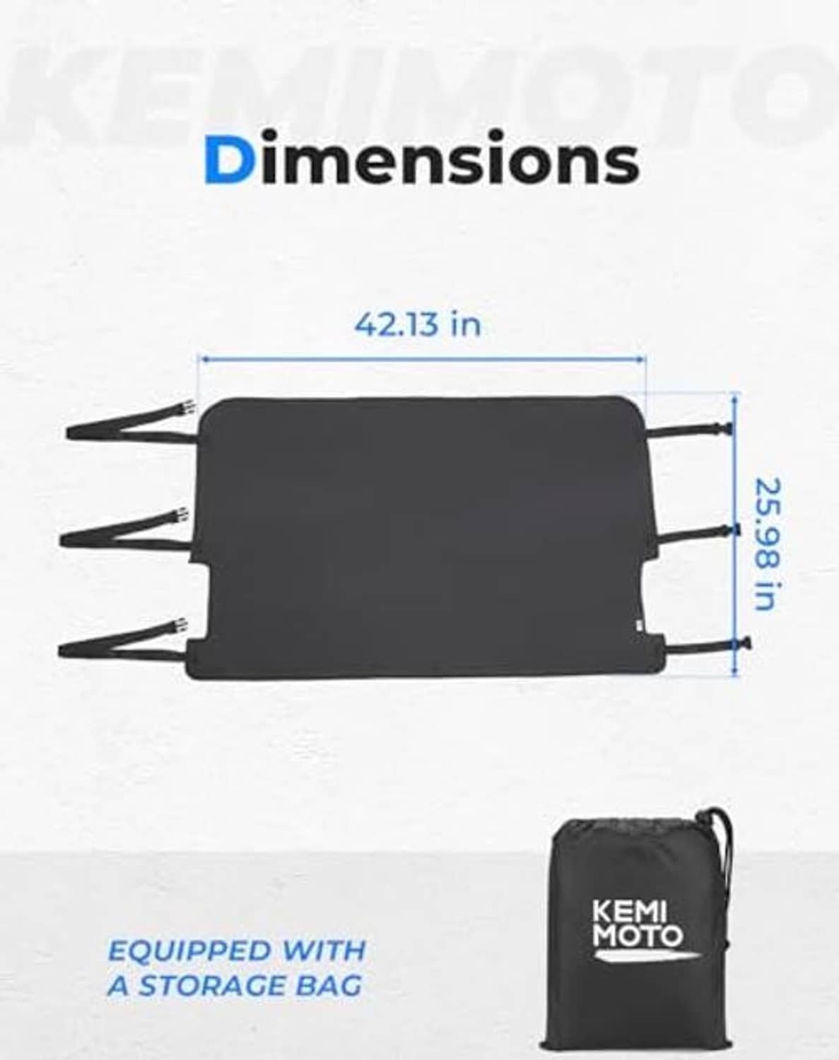 Black windshield cover with storage bag included, strap ties and elastic oxford