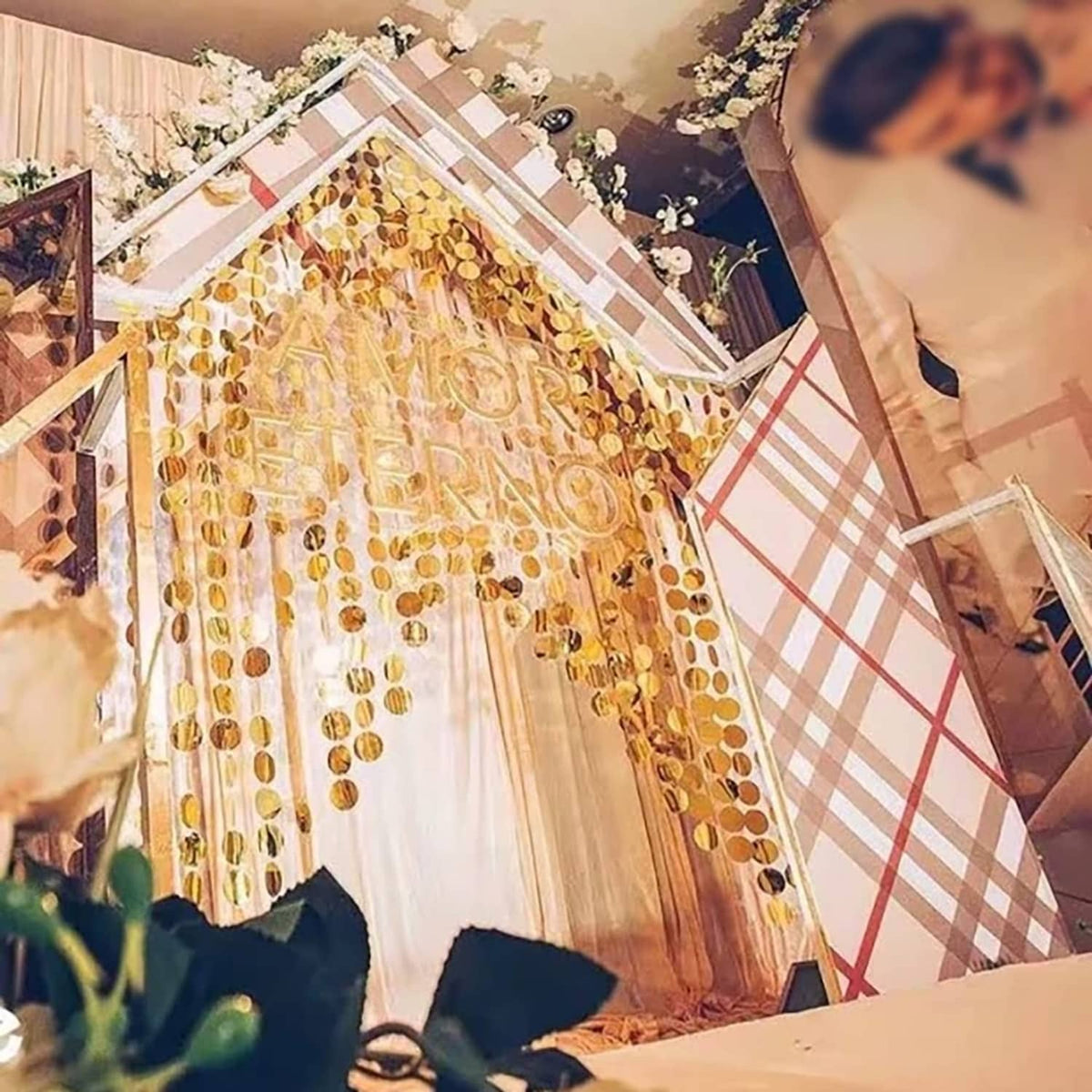 Gold sequin beaded door curtain with dangling round discs
