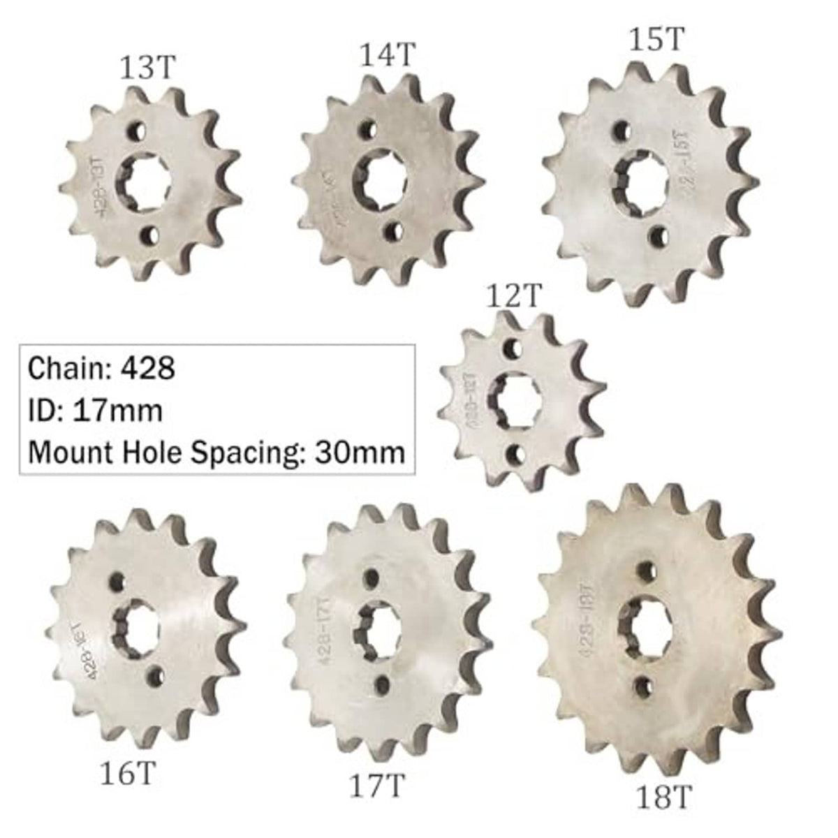 Chain 428 front sprocket options: 13T to 18T, mount hole spacing 30mm