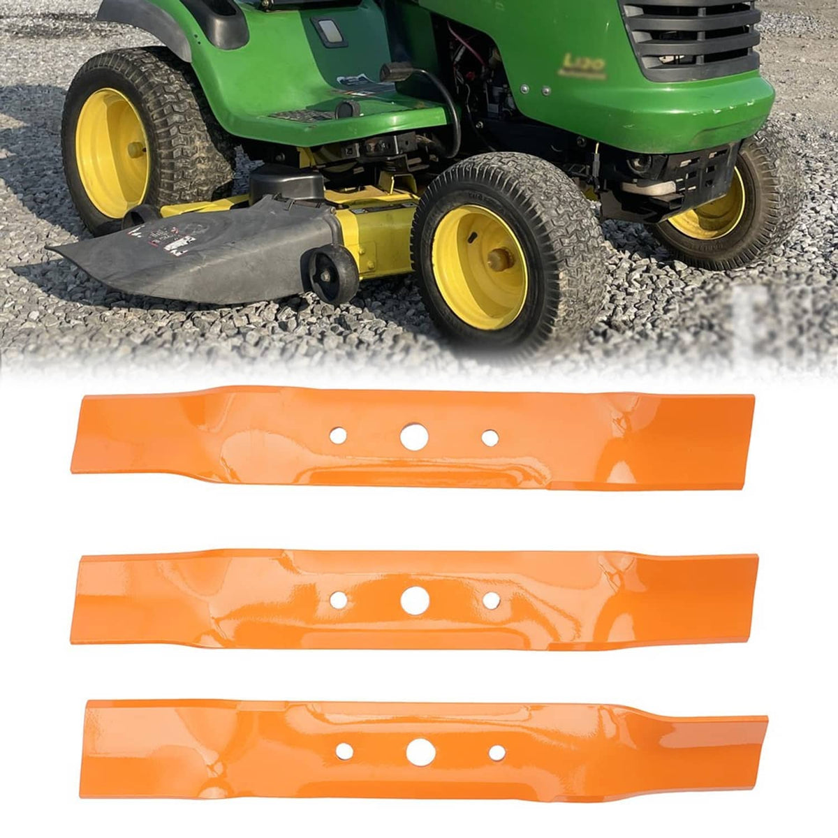 Set of 3 orange mower deck blades with mounting holes, flat steel blades