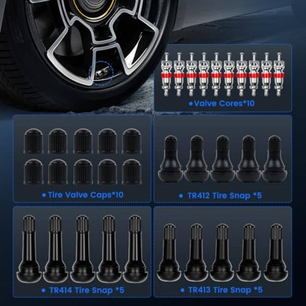 Tire valve core and cap assortment set next to wheel and tire valve