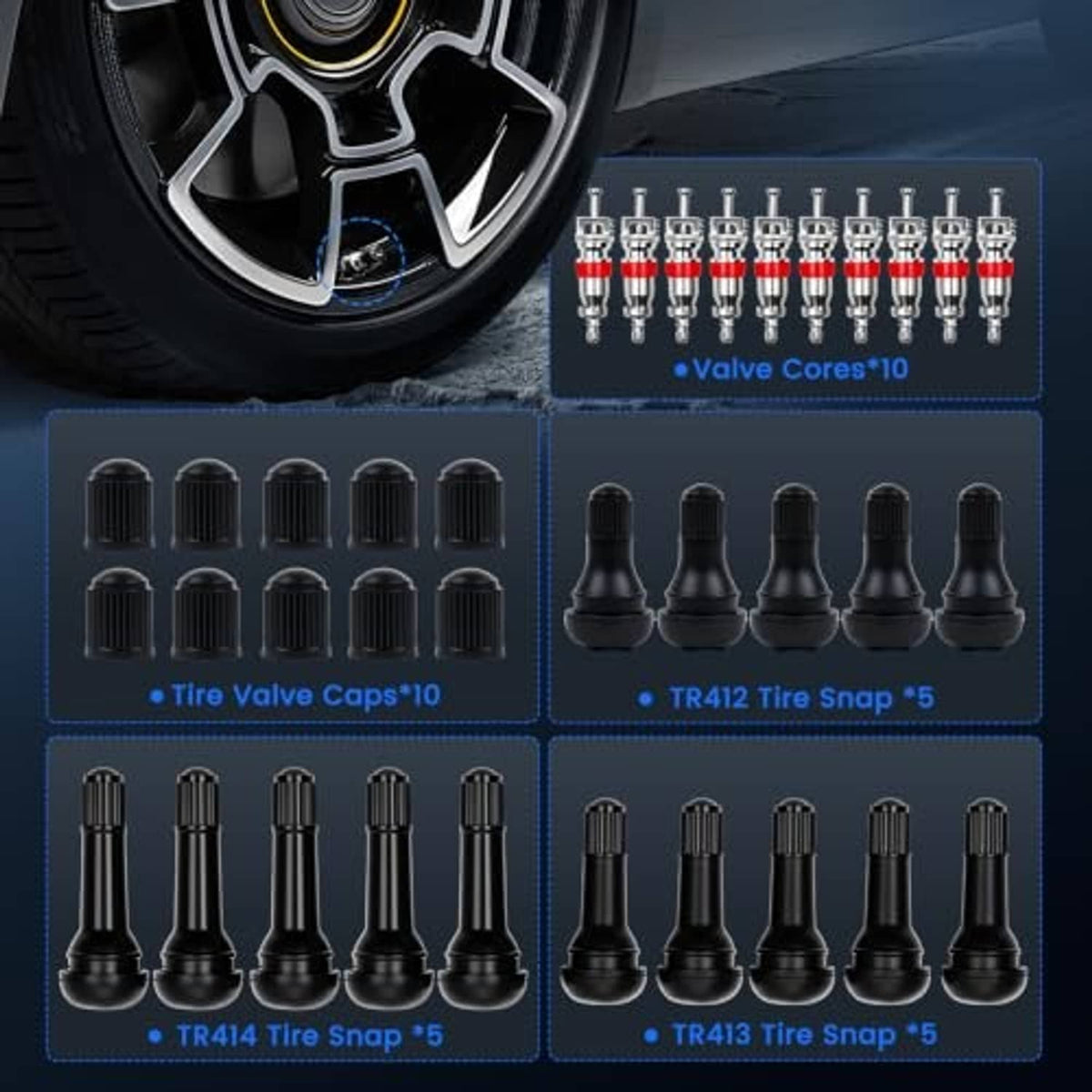 Tire valve core and cap assortment set next to wheel and tire valve