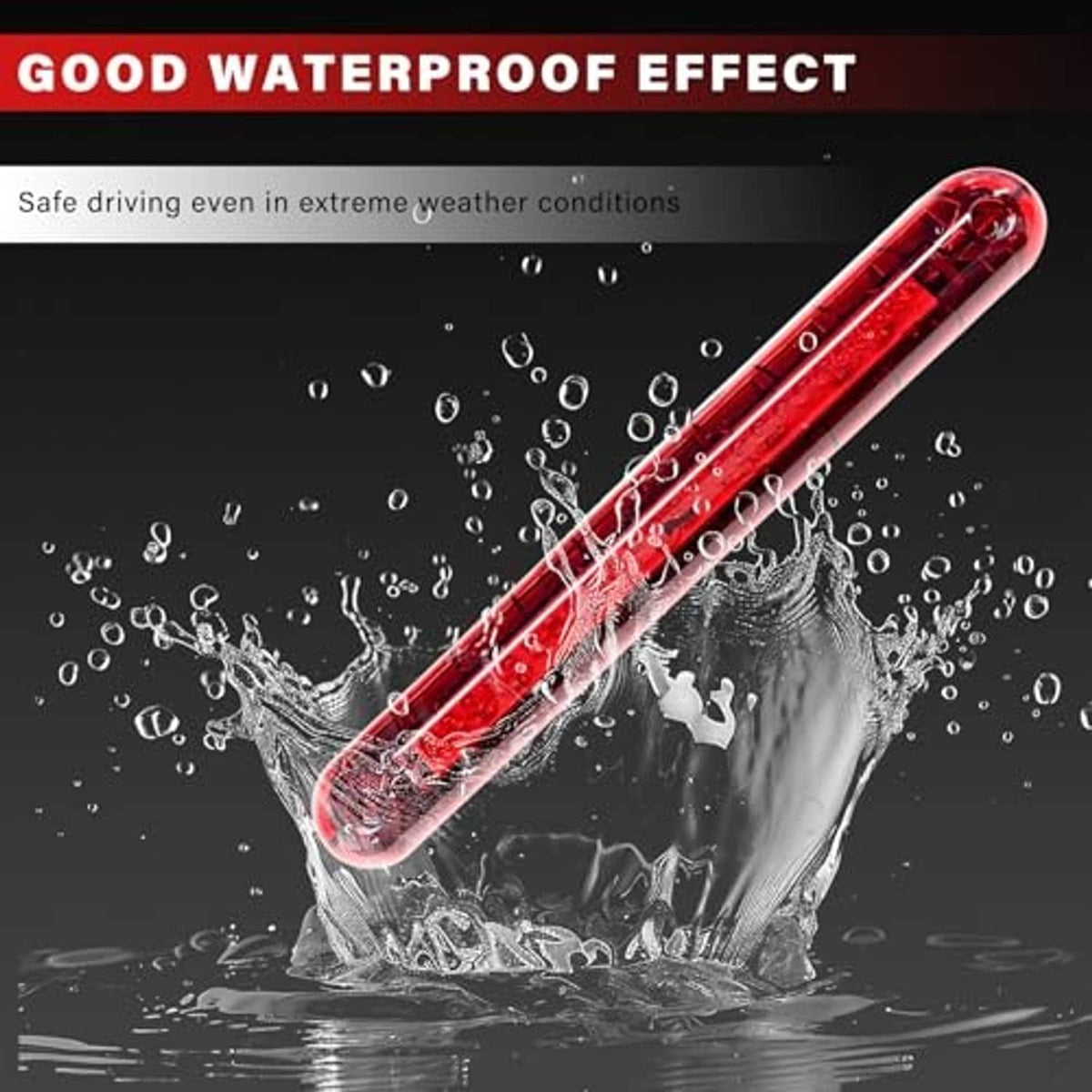 Lit red third brake light with clear lens shown above water splash