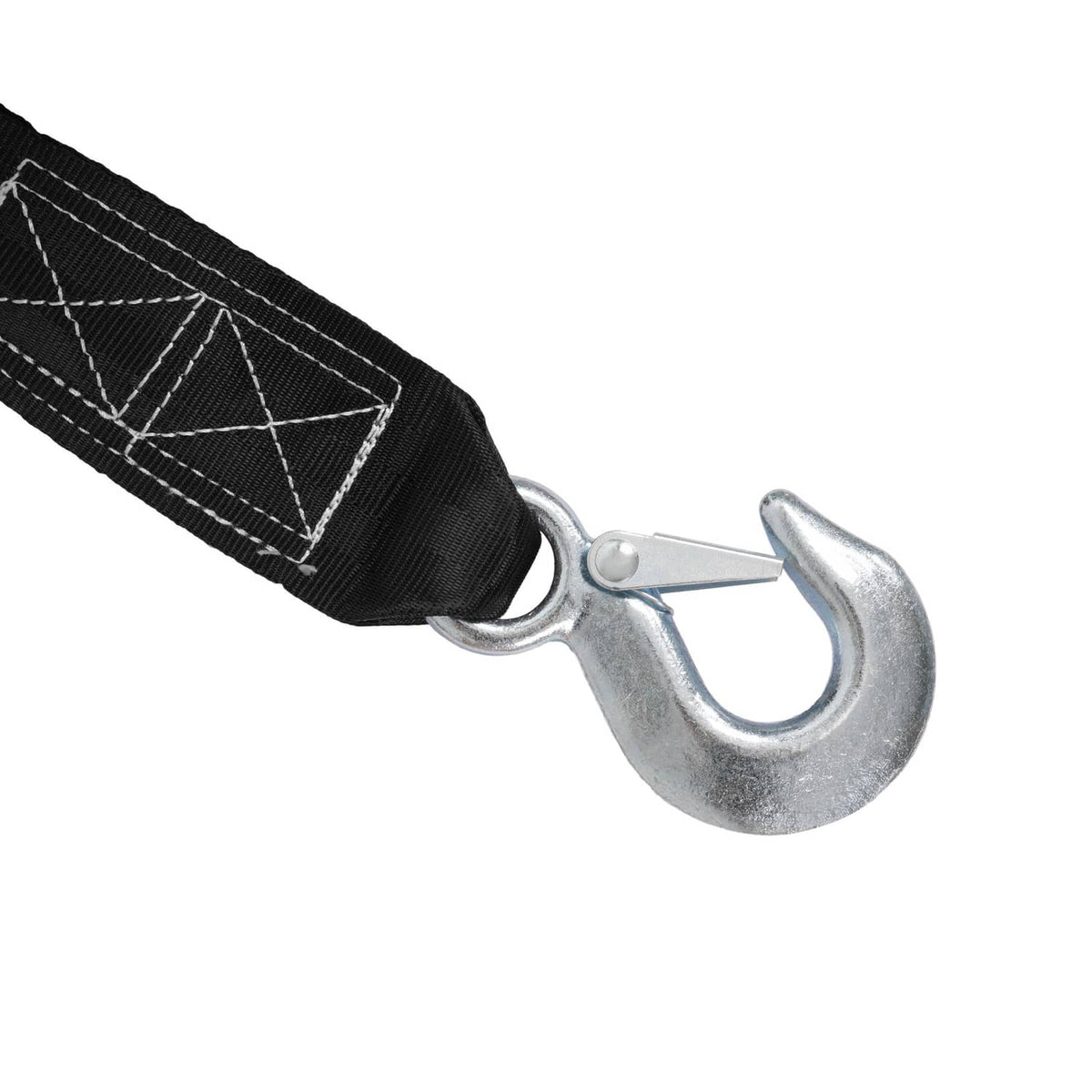 Heavy-duty winch strap with stitched webbing and galvanized hook