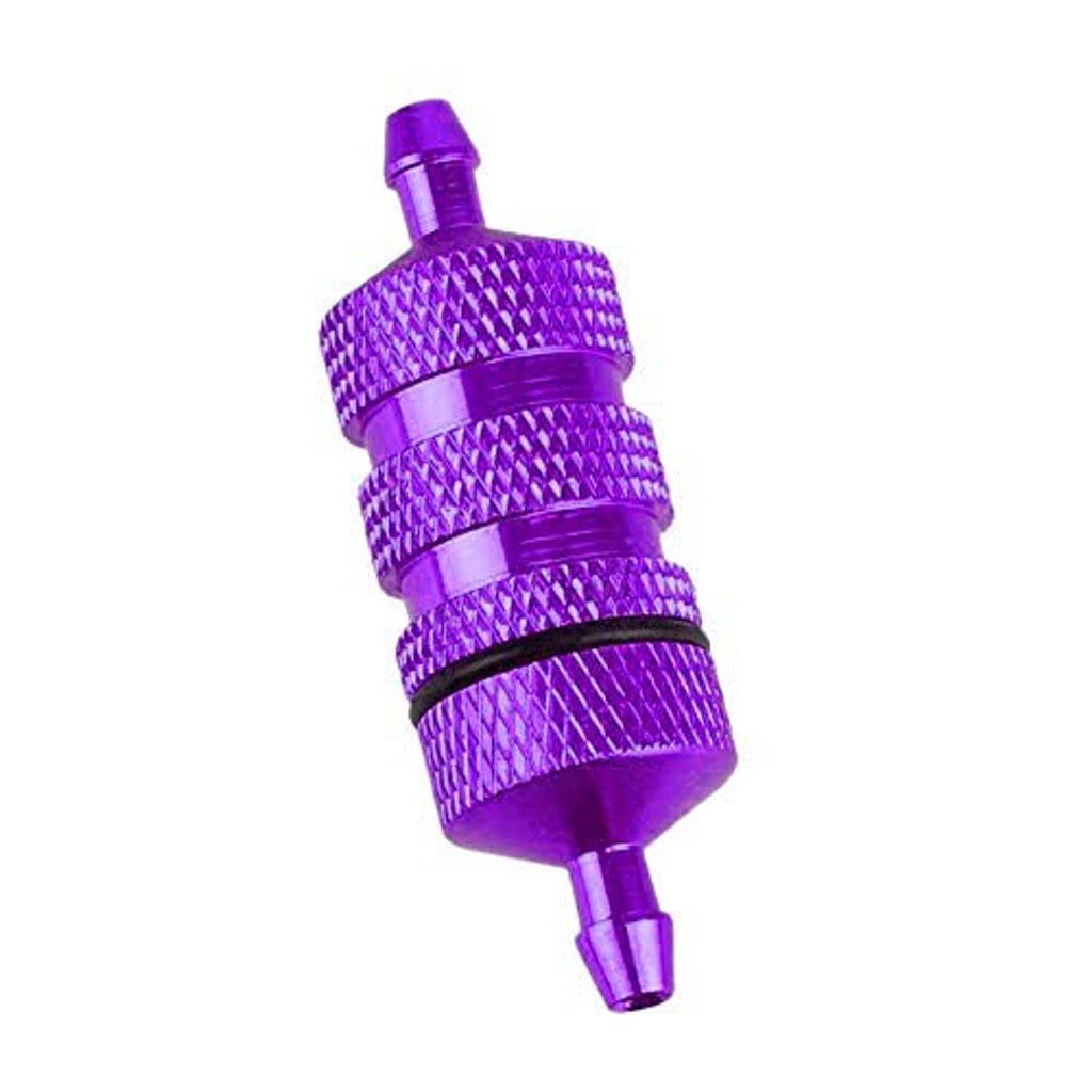 RC aluminum nitro fuel filter, purple knurled body with black ring and bottom outlet