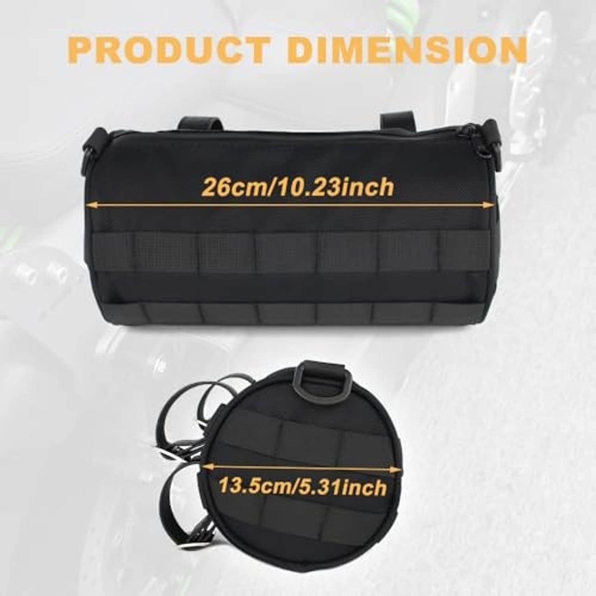 Black motorcycle fork bag with top carry handle and adjustable mounting straps