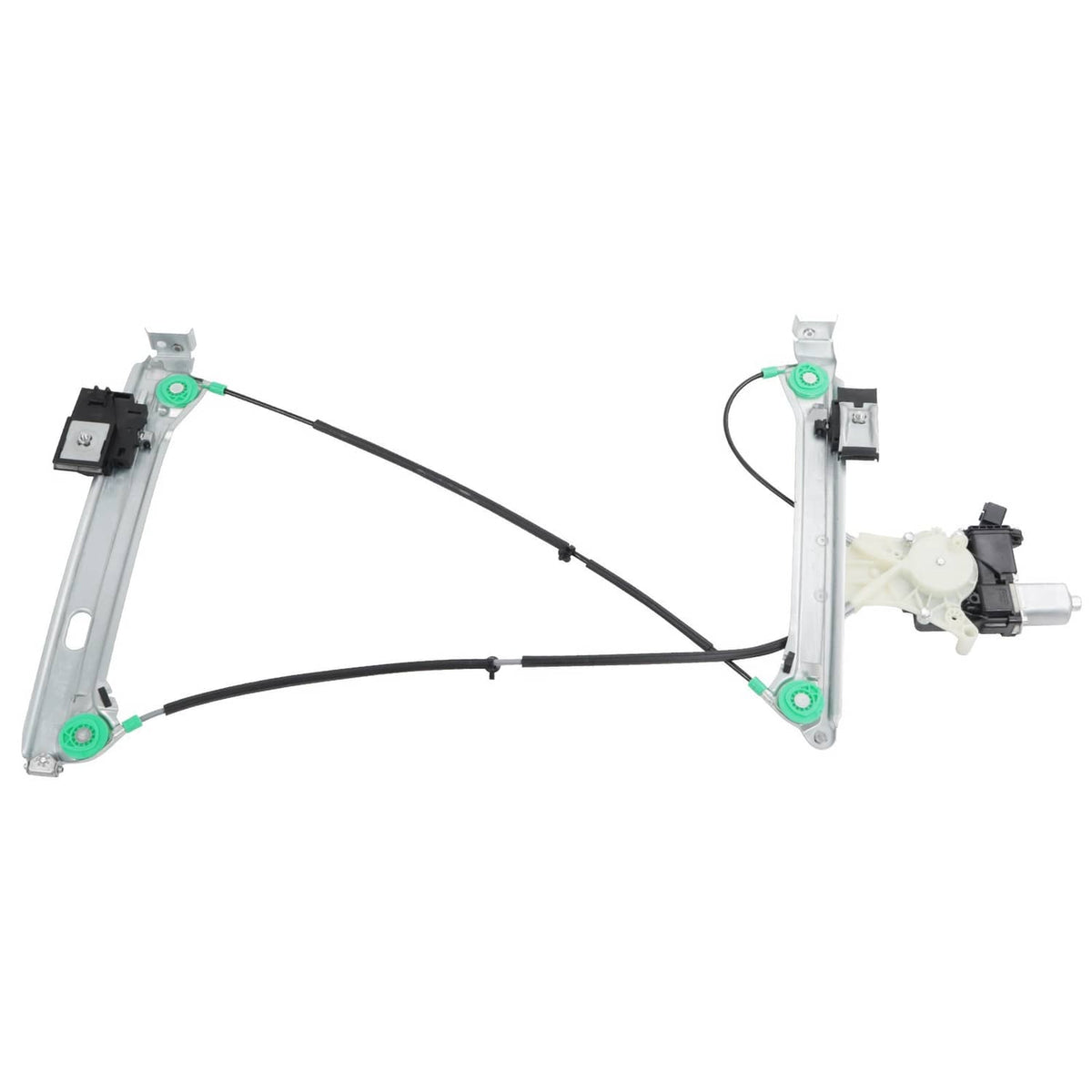 Power window regulator and motor assembly, extended rails with attached lift motor