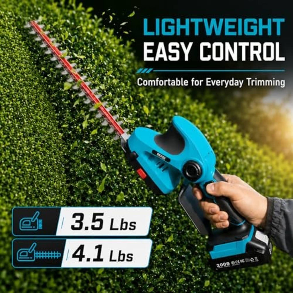 Hand gripping blue cordless hedge trimmer over dense green hedge