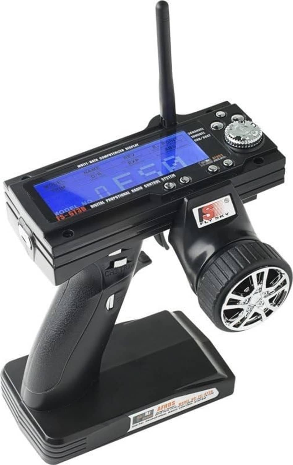 RC car transmitter with blue LCD screen and tuning knobs, black radio controller