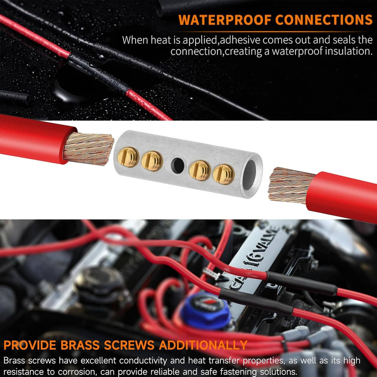Tinned brass screw butt connector with red and black heat-shrink over joined wire ends