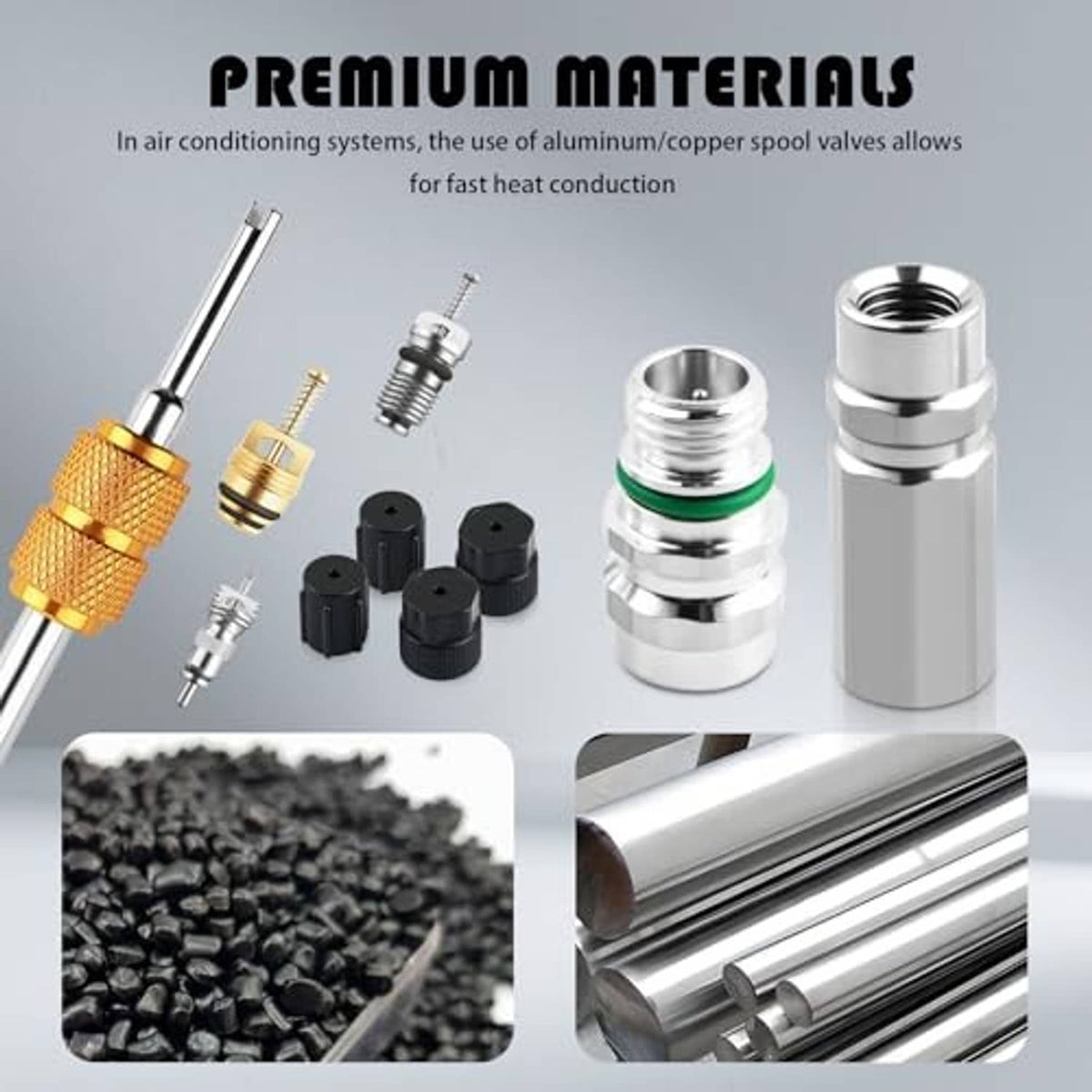 AC valve core kit with metal removal tool, brass and black cores, and silver adapters