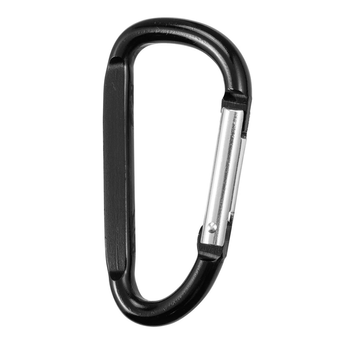 Close-up of black spring clip carabiner keyring with silver locking bar.