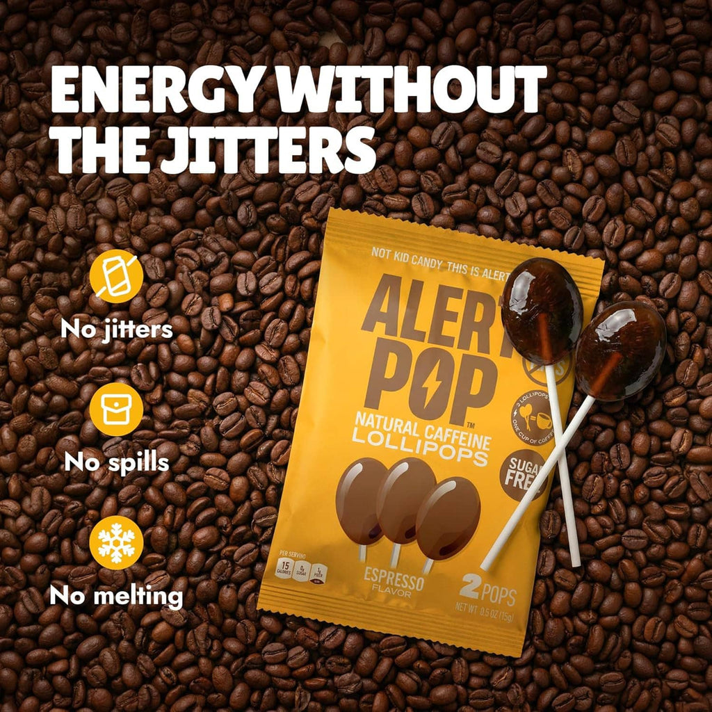 Sugar-free espresso natural caffeine lollipop pouch on coffee beans, with lollipop sticks