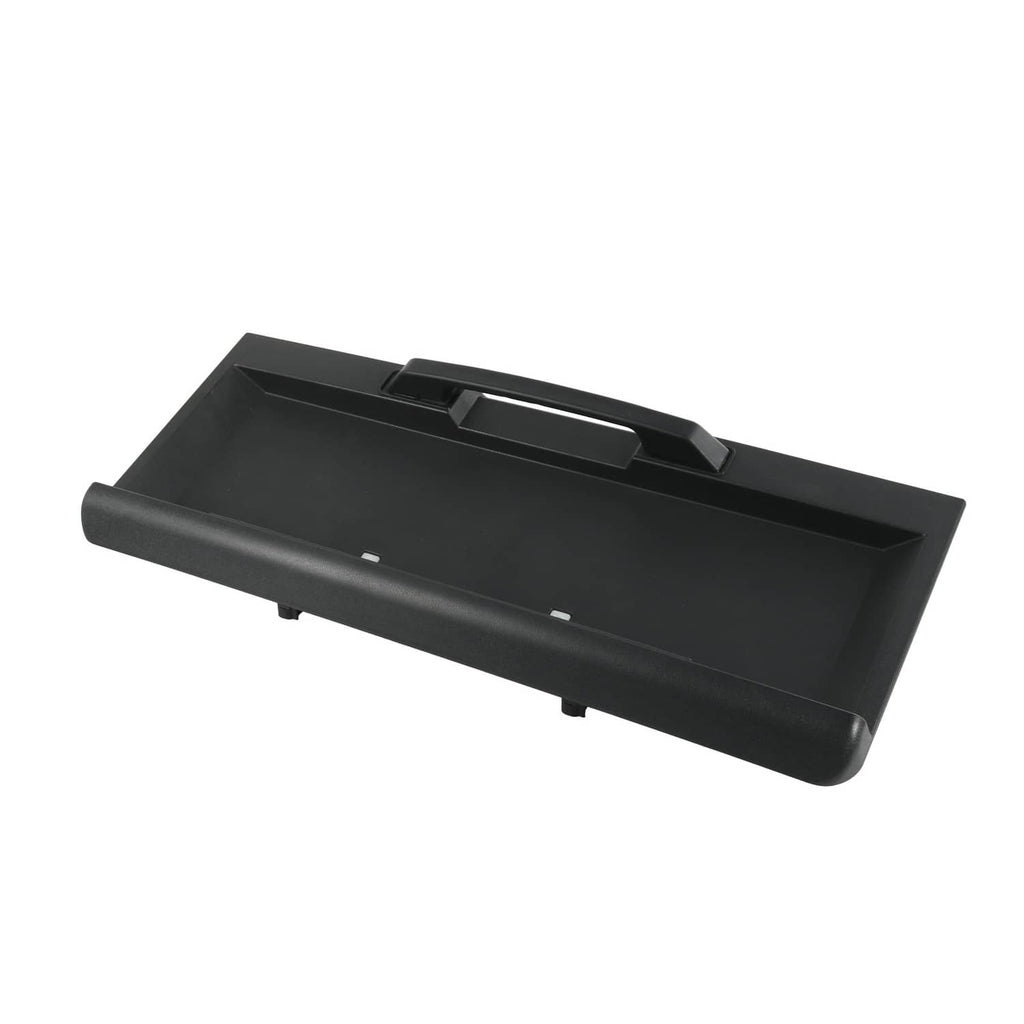 Tailgate license pocket angled view with top slot and mounting feet, black plastic