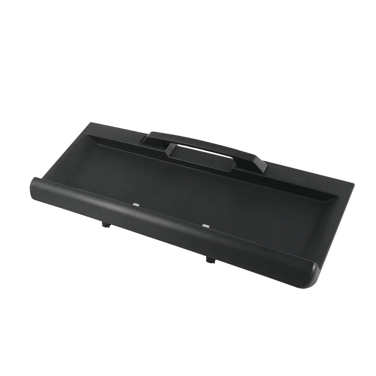 Tailgate license pocket angled view with top slot and mounting feet, black plastic